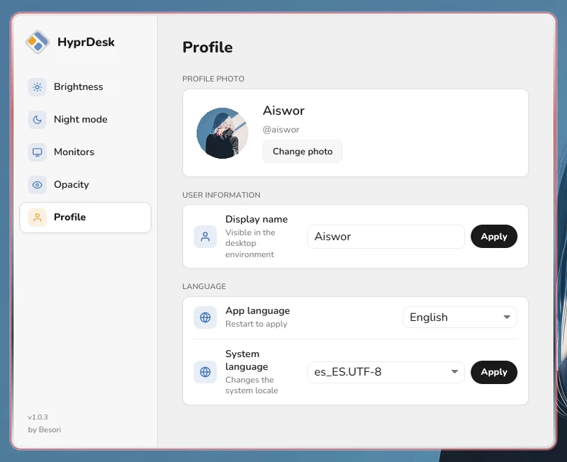 HyprDesk screenshot showing the profile section
